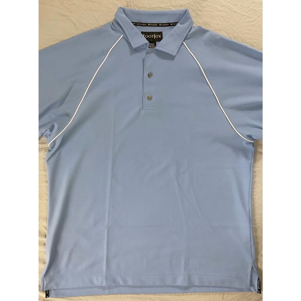 FootJoy Pique Mid-Weight Microfiber Golf Shirt. White Trimmed Blue. Men's L, EUC